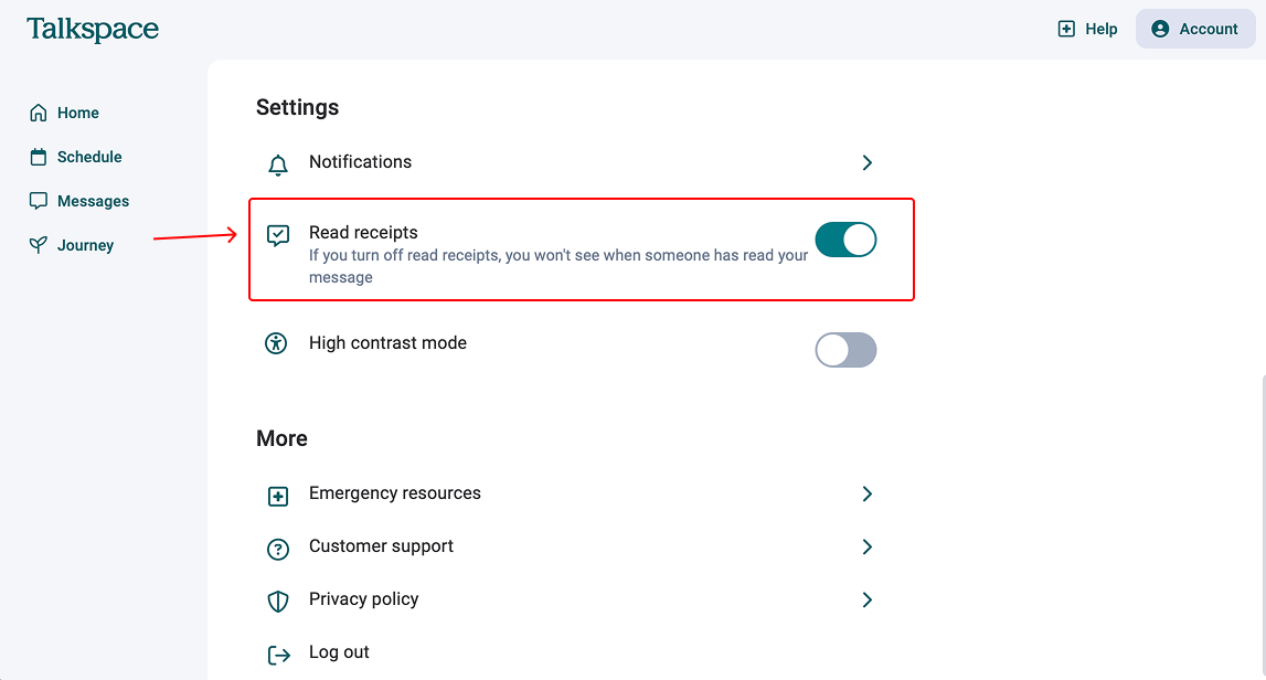 Read receipts setting is under account settings